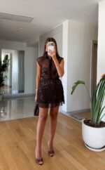 Brown Sheer Sequin Shirt and Skirt Set