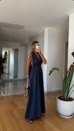Dark Blue Halter Maxi Dress - Image 2
