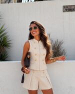 Beige Sleeveless Vest and Shorts Set
