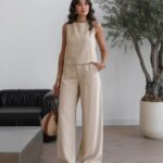 Beige Sleeveless Top and Wide Leg Pants Set