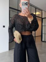Black Sequin Long Sleeve Crop Top - Image 3