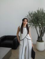 White Sleeveless Top and Pants Set With Black Trim