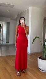 Red Sleeveless Maxi Dress With Stud Detail
