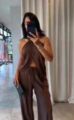 Brown Halter Top and Wide Leg Pants Set - Image 2