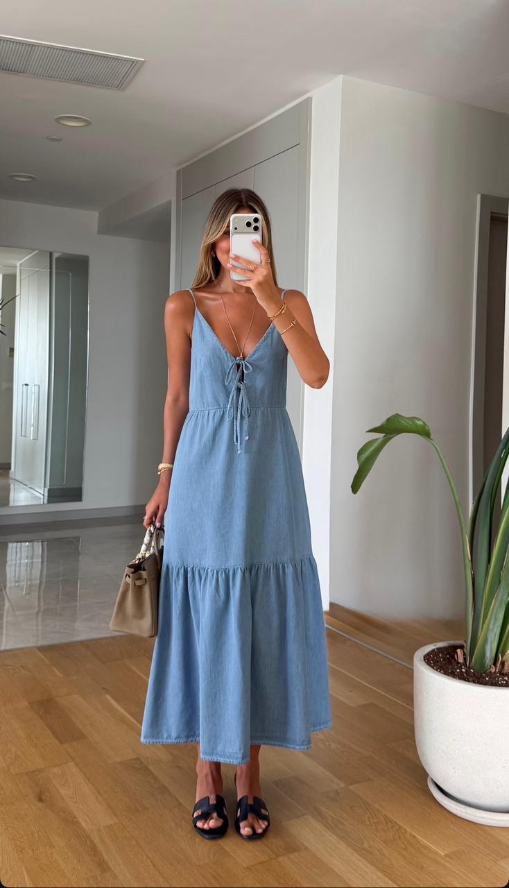 adf80675-ae62-4082-ade3-0cdb24cb74e2 Light Blue Denim Spaghetti Strap Maxi Dress - Image 1