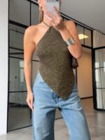 Brown Metallic Halter Neck Summer Top