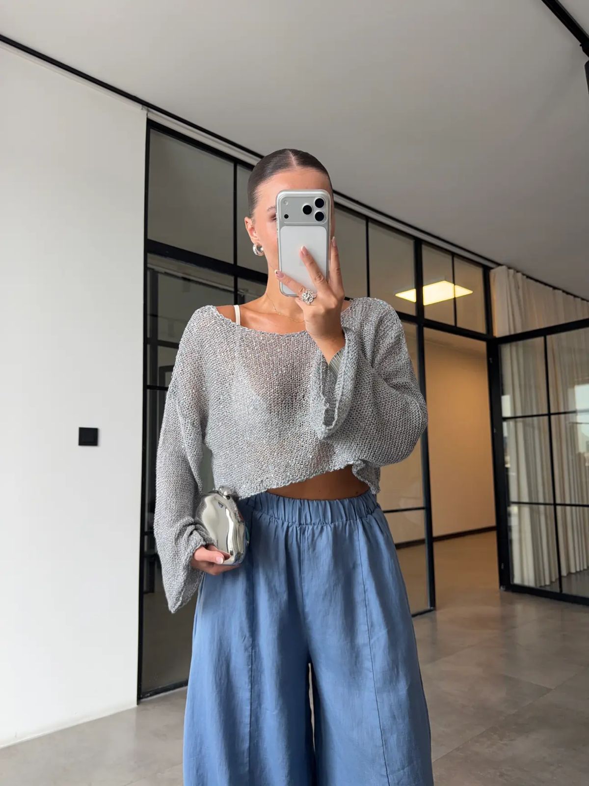 b76ac52c-011e-4b58-b529-e66aeef7efd1 Silver Knit Cropped Sweater Top - Image 1