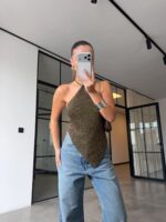Brown Metallic Halter Neck Summer Top - Image 2