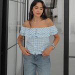 Blue Gingham Off Shoulder Ruffle Blouse