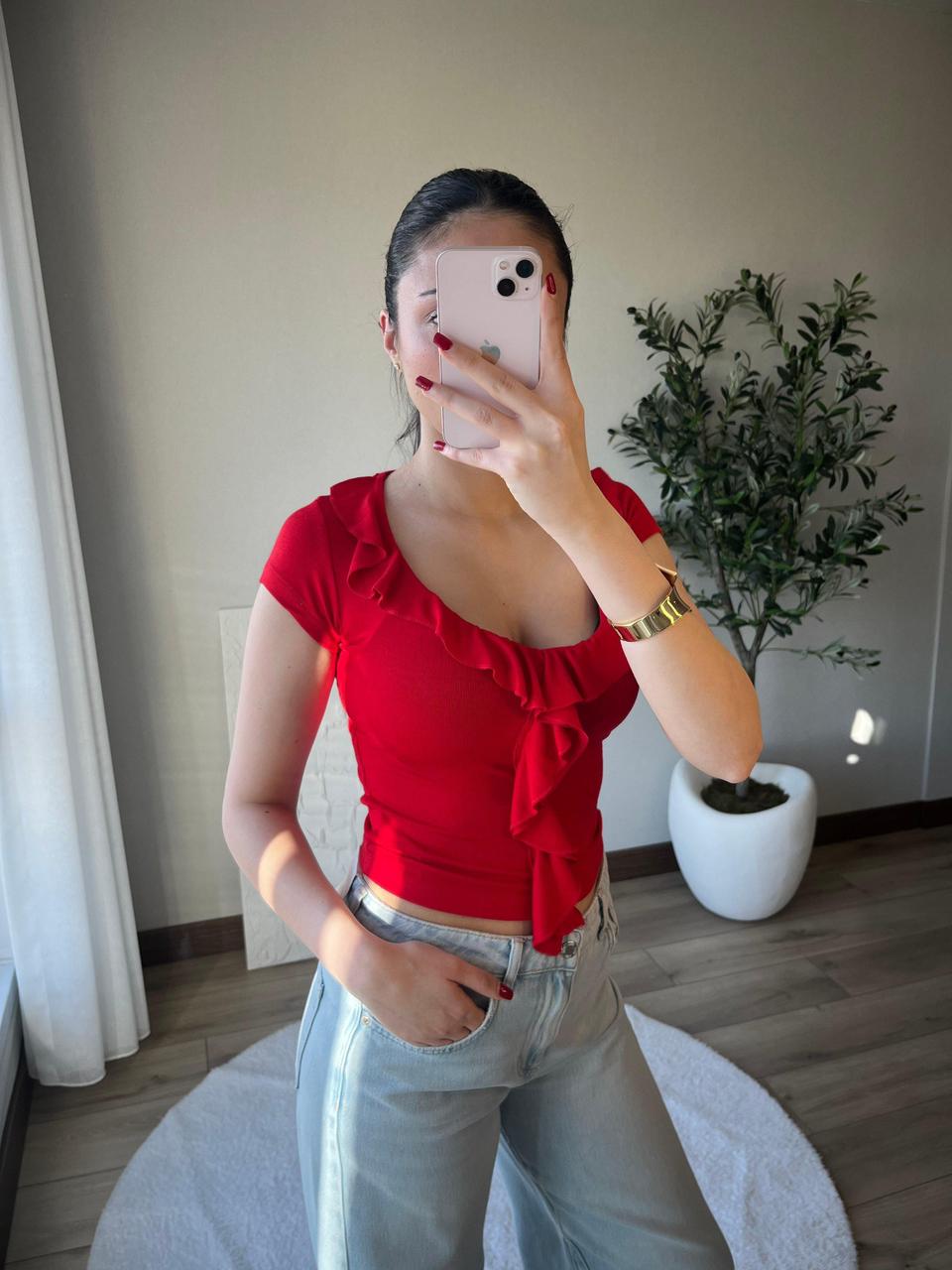 c562736d-1f35-44c0-90f3-f038b3246d02 Red Ruffle Front Short Sleeve Top - Image 1