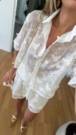 White Embroidered Two Piece Shirt and Shorts Set - Image 2