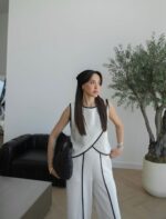 White Sleeveless Top and Pants Set With Black Trim - Image 5