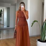 Rust Smocked Bodice Sleeveless Midi Dress