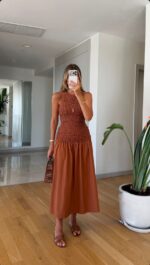 Rust Smocked Bodice Sleeveless Midi Dress
