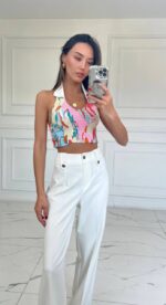 Pink Floral Smocked Halter Crop Top - Image 2