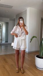 White Embroidered Two Piece Shirt and Shorts Set