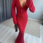 Red Crochet Long Sleeve Cover-Up Dress