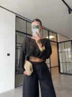 Black Sequin Long Sleeve Crop Top