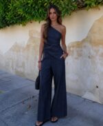 One Shoulder Dark Denim Set