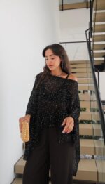 Black Sheer Glitter Poncho Top