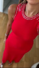 Red Sleeveless Maxi Dress With Stud Detail - Image 3
