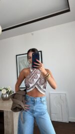 Paisley Halter Crop Top Brown White - Image 4