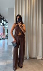 Brown Halter Top and Wide Leg Pants Set