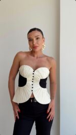 White and Black Strapless Pleated Bustier Top