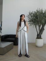 White Sleeveless Top and Pants Set With Black Trim - Image 2