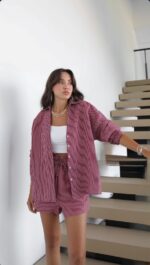 Burgundy Striped Shirt and Shorts Set - Image 2