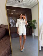 White Eyelet Shirt and Shorts Set - Image 4