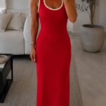 Red Sleeveless Maxi Dress With White Trim