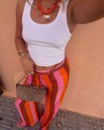 Pink Orange Striped Wide Leg Pants - Image 4