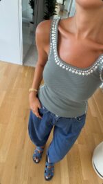 Green Ribbed Tank Top With Stud Detailing - Image 2