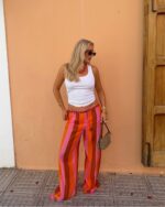 Pink Orange Striped Wide Leg Pants
