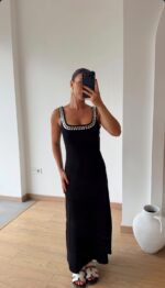 Black Maxi Dress With Silver Stud Trim
