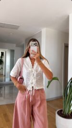 White Eyelet Tie Front Blouse - Image 2