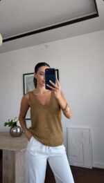 Gold Textured Sleeveless V-Neck Top