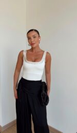 White Studded Square Neck Tank Top