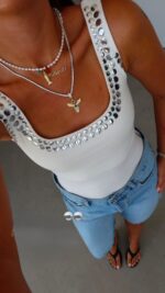 White Studded Square Neck Tank Top - Image 3