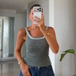 Green Ribbed Tank Top With Stud Detailing