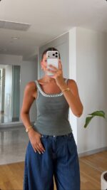 Green Ribbed Tank Top With Stud Detailing