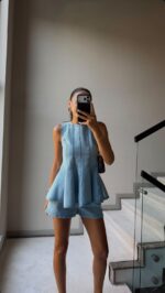 Sleeveless Light Blue Denim Peplum Set - Image 3