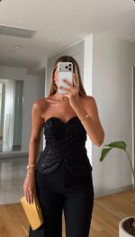 Black Strapless Textured Bustier Top