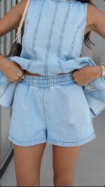 Sleeveless Light Blue Denim Peplum Set - Image 4