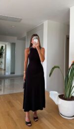 Black Sleeveless Maxi Dress With Rhinestone Trim - Image 3