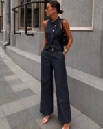 Women’s Dark Denim Sleeveless Vest Pants Set - Image 2