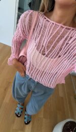 Pink Sheer Knit Long Sleeve Sweater - Image 2