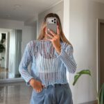 Blue Sheer Knit Long Sleeve Sweater
