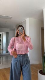 Pink Sheer Knit Long Sleeve Sweater